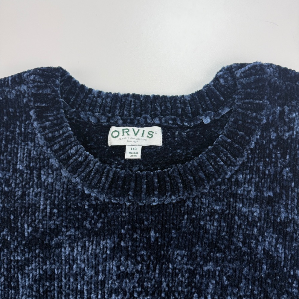 Orvis Women Large Navy Blue Chenille Crew Neck Long Sleeve Plush Cozy Sweater - Picture 9 of 10